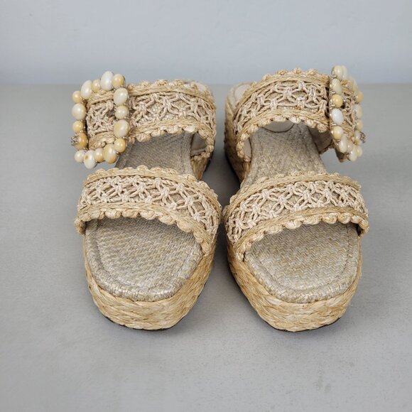 Sam Edelman Size 8M Cadance Sandals Natural Raffia Open Toe Embellished Wedge - Picture 4 of 12